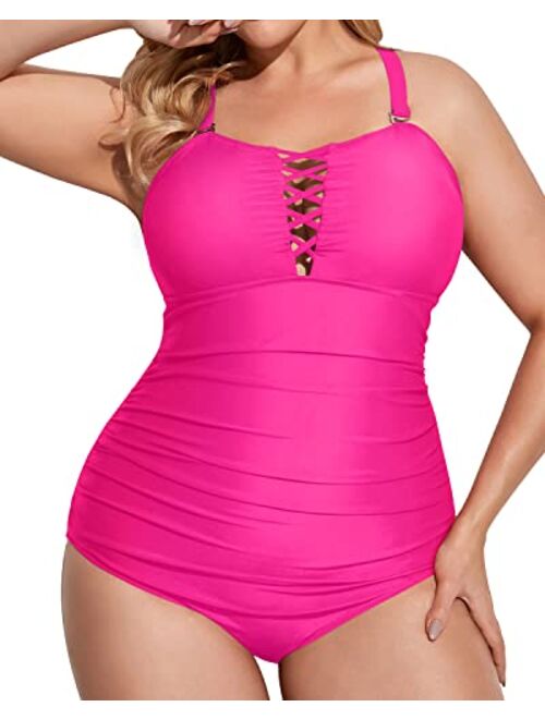 Yonique Women Plus Size One Piece Swimsuits Deep V Neck Tummy Control Bathing Suits Lace Up Swimwear