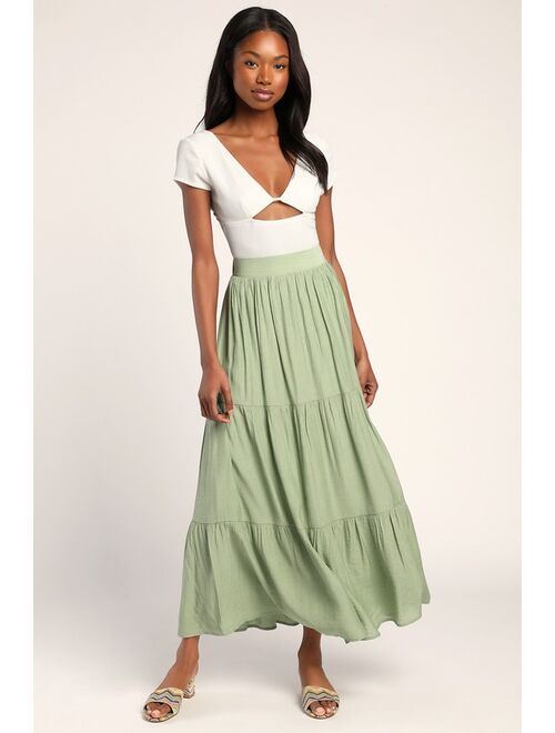 Lulus Tier and Dear Sage Green Tiered Maxi Skirt