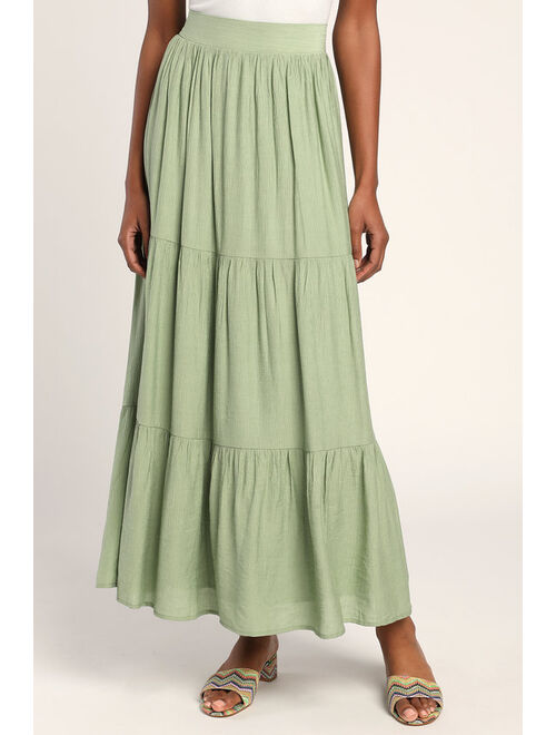 Lulus Tier and Dear Sage Green Tiered Maxi Skirt