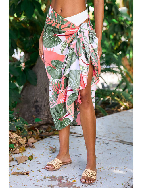 Bay Sky Let's Get Tropical Pink and Green Leaf Print Swim Cover-Up Scarf