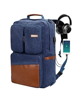 WITZMAN Canvas Backpack with USB Charging Port Large Travel Backpack Luggage Duffel Bag for Airplane Carry On Fit 17 inch Laptop for Men Women (6617 Blue)