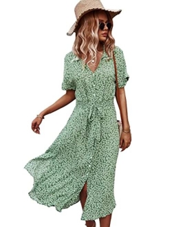 Anna-Kaci Women's Casual Floral Print Button Down Dress Short Sleeve V Neck Split Midi Dresses with Belt