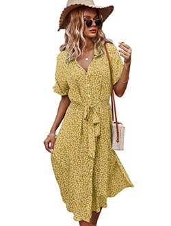 Anna-Kaci Women's Casual Floral Print Button Down Dress Short Sleeve V Neck Split Midi Dresses with Belt