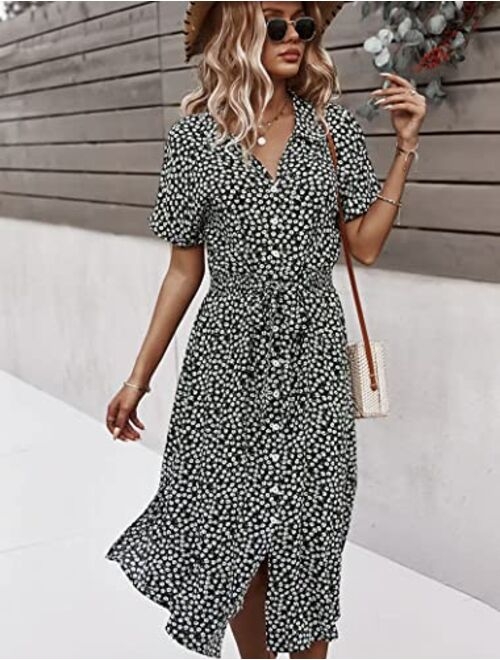 Anna Kaci Anna-Kaci Women's Casual Floral Print Button Down Dress Short Sleeve V Neck Split Midi Dresses with Belt