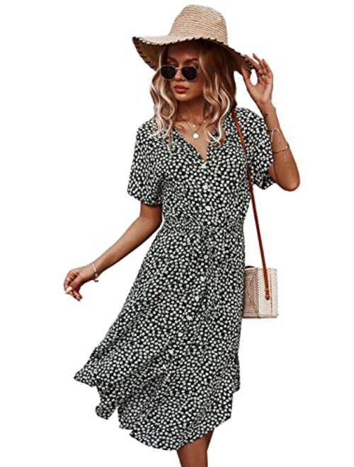 Anna Kaci Anna-Kaci Women's Casual Floral Print Button Down Dress Short Sleeve V Neck Split Midi Dresses with Belt