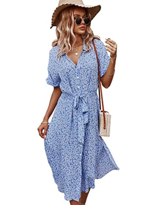 Anna Kaci Anna-Kaci Women's Casual Floral Print Button Down Dress Short Sleeve V Neck Split Midi Dresses with Belt