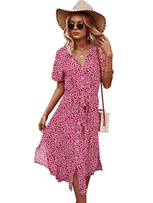 Anna Kaci Anna-Kaci Women's Casual Floral Print Button Down Dress Short Sleeve V Neck Split Midi Dresses with Belt