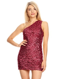 Anna-Kaci Women's Stretchy One Shoulder Sparkly Sequin Cocktail Party Mini Dress