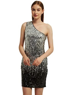 Anna-Kaci Women's Stretchy One Shoulder Sparkly Sequin Cocktail Party Mini Dress