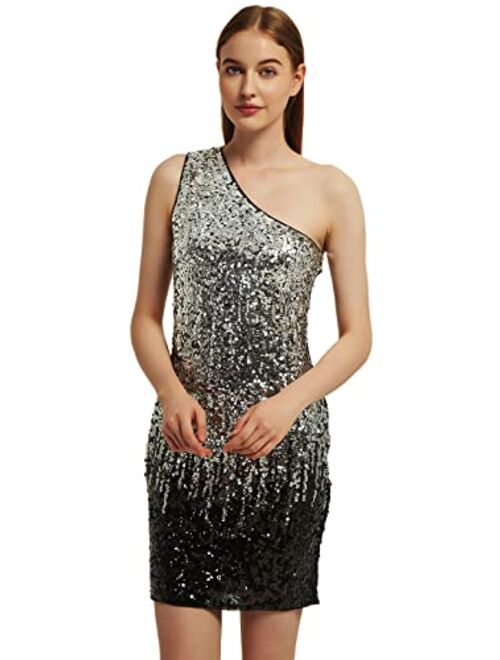 Anna Kaci Anna-Kaci Women's Stretchy One Shoulder Sparkly Sequin Cocktail Party Mini Dress