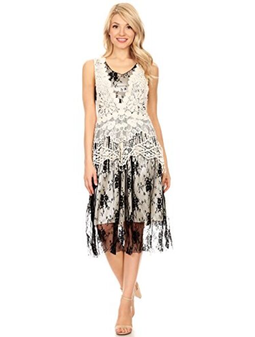 Anna Kaci Anna-Kaci Womens Vintage Lace Gatsby 1920s Cocktail Dress with Crochet Vest