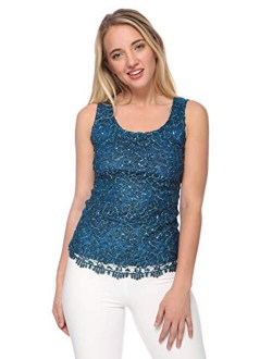 Anna-Kaci Womens Casual Formal Embroidered Lace Sequin Sleeveless Shirt Tank Top