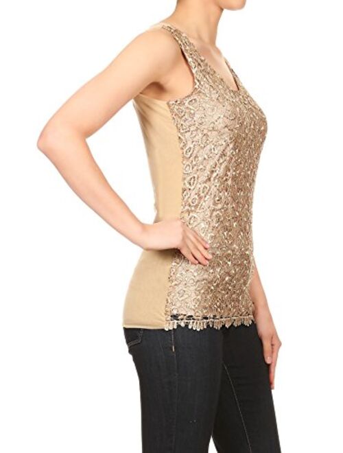 Anna Kaci Anna-Kaci Womens Casual Formal Embroidered Lace Sequin Sleeveless Shirt Tank Top