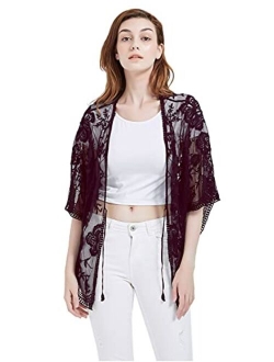 Anna-Kaci Womens Short Embroidered Lace Kimono Crop Cardigan with Half Sleeves