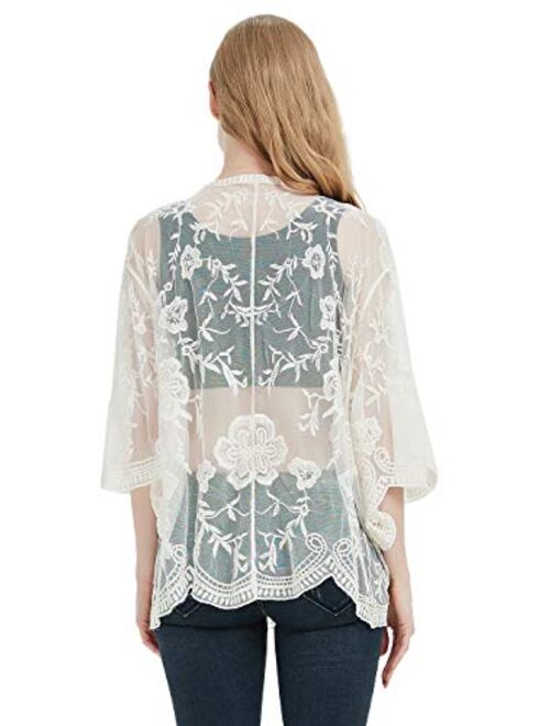 Anna Kaci Anna-Kaci Womens Short Embroidered Lace Kimono Crop Cardigan with Half Sleeves