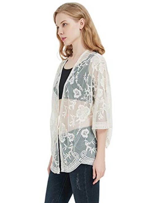 Anna Kaci Anna-Kaci Womens Short Embroidered Lace Kimono Crop Cardigan with Half Sleeves