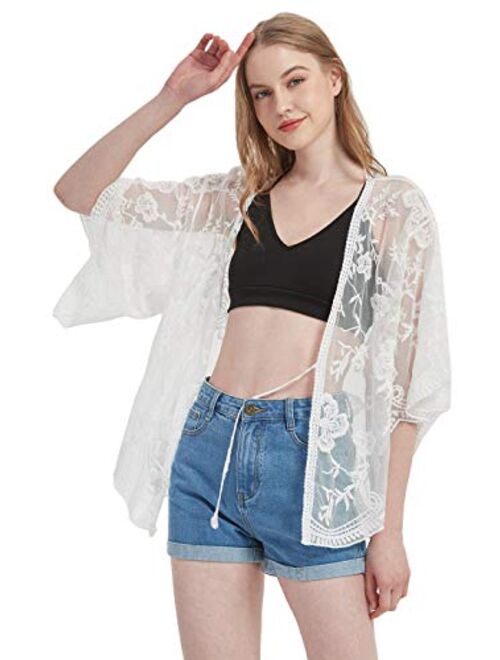 Anna Kaci Anna-Kaci Womens Short Embroidered Lace Kimono Crop Cardigan with Half Sleeves