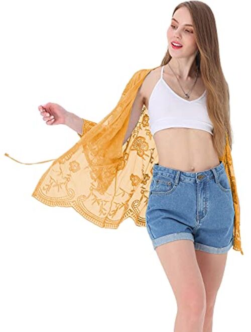 Anna Kaci Anna-Kaci Womens Short Embroidered Lace Kimono Crop Cardigan with Half Sleeves