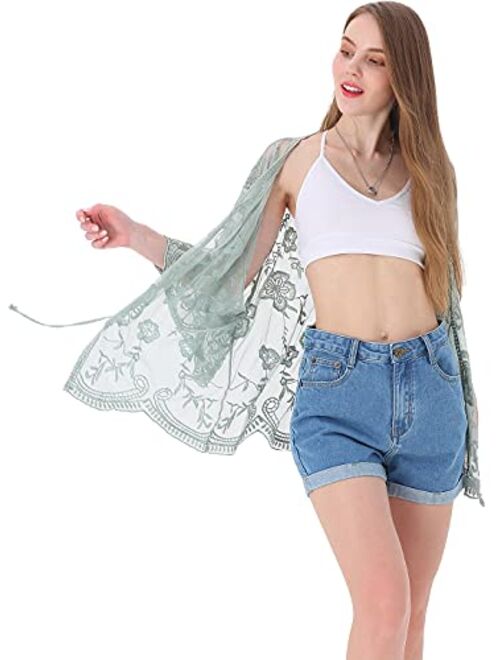 Anna Kaci Anna-Kaci Womens Short Embroidered Lace Kimono Crop Cardigan with Half Sleeves