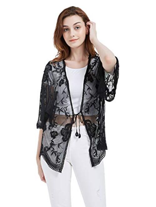 Anna Kaci Anna-Kaci Womens Short Embroidered Lace Kimono Crop Cardigan with Half Sleeves