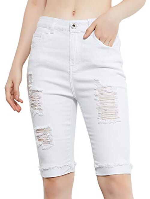 Anna Kaci Anna-Kaci Womens High Waist Ripped Hole Distressed Denim Short Jeans with Pockets