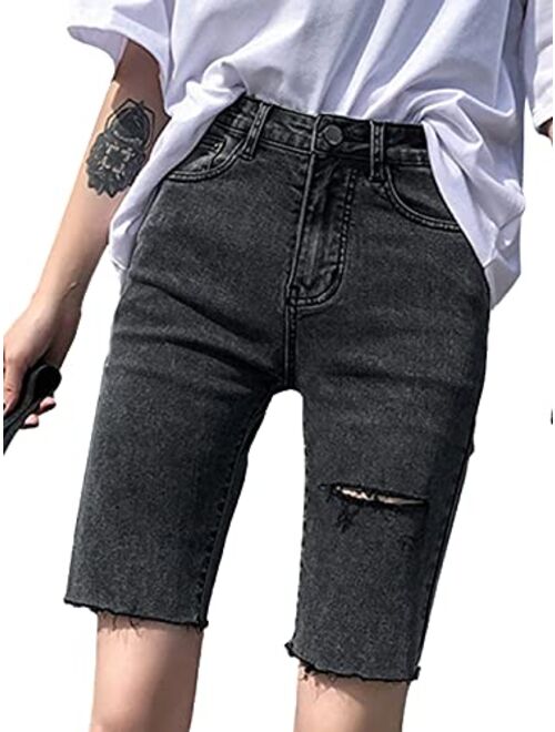 Anna Kaci Anna-Kaci Womens High Waist Ripped Hole Distressed Denim Short Jeans with Pockets