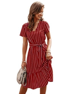 Anna-Kaci Women's Vertical Striped Short Sleeve Ruffle Flowy Swing Dress with Belt