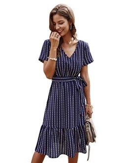 Anna-Kaci Women's Vertical Striped Short Sleeve Ruffle Flowy Swing Dress with Belt