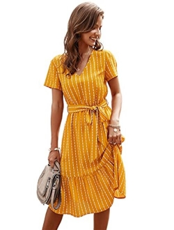 Anna-Kaci Women's Vertical Striped Short Sleeve Ruffle Flowy Swing Dress with Belt