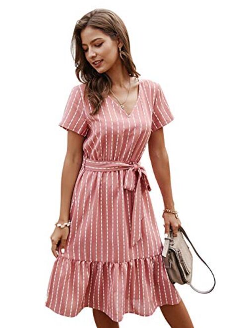 Anna Kaci Anna-Kaci Women's Vertical Striped Short Sleeve Ruffle Flowy Swing Dress with Belt