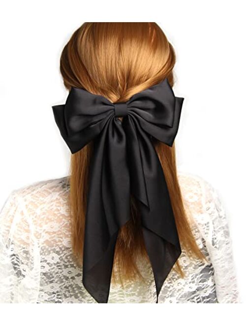 Lfouvre Women Big Bow Barrettes Girl's Satin Hairclips Long Ribbon Hair Pins Accessories For Party (Black)