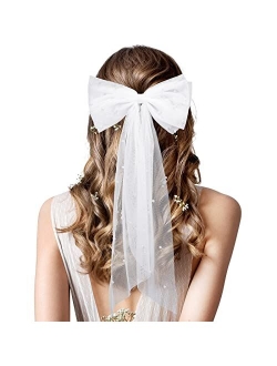 Juinte Bridal Hair Bow Veil Pearl Hair Clip Bridal Shower Gift Wedding Veil Bride Hair Accessories Bridesmaid Favors Large Hair Bow with Barrette Pre-wedding Party Decora