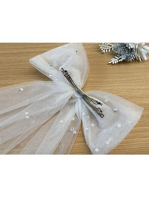 N\W Pearl White Hair Bow Bachelorette Party Decorations Bridesmaid Favors Bride to Be Bridal Shower Gift Hair Clips large bow