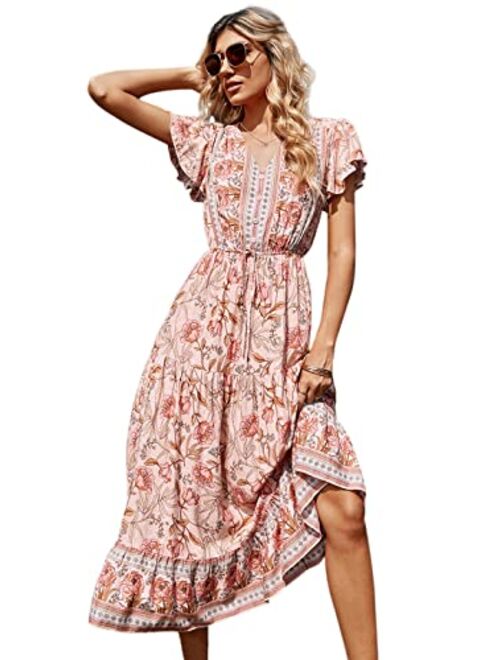 Anna Kaci Anna-Kaci Women's Boho Floral Print Flowy Maxi Dress V-Neck Flared Sleeves Elastic Waist Dresses