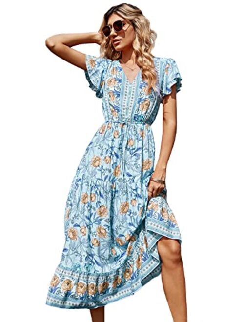 Anna Kaci Anna-Kaci Women's Boho Floral Print Flowy Maxi Dress V-Neck Flared Sleeves Elastic Waist Dresses