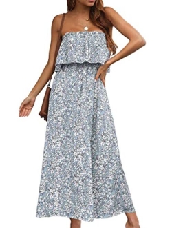Anna-Kaci Women Ruffle Maxi Dress Boho Strapless Floral Tube Top Casual Summer Beach Dresses (S-XL)
