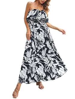 Anna-Kaci Women Ruffle Maxi Dress Boho Strapless Floral Tube Top Casual Summer Beach Dresses (S-XL)