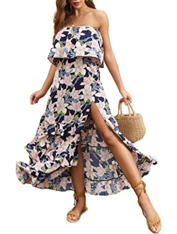 Anna-Kaci Women Ruffle Maxi Dress Boho Strapless Floral Tube Top Casual Summer Beach Dresses (S-XL)