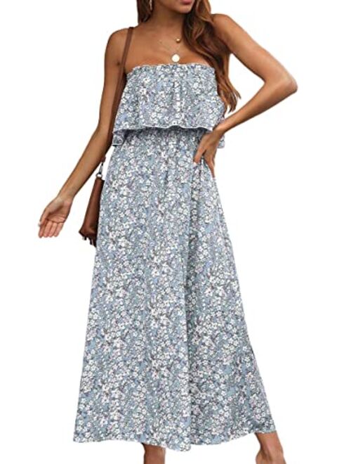 Anna Kaci Anna-Kaci Women Ruffle Maxi Dress Boho Strapless Floral Tube Top Casual Summer Beach Dresses (S-XL)