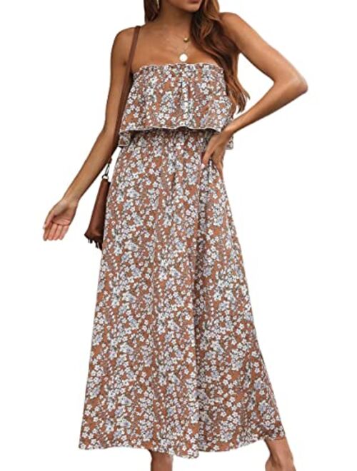 Anna Kaci Anna-Kaci Women Ruffle Maxi Dress Boho Strapless Floral Tube Top Casual Summer Beach Dresses (S-XL)