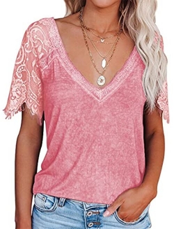 Anna-Kaci Women's Lace Loose Short Sleeve T-Shirt V Neck Cotton Summer Casual Tops Tee Shirts