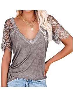 Anna-Kaci Women's Lace Loose Short Sleeve T-Shirt V Neck Cotton Summer Casual Tops Tee Shirts