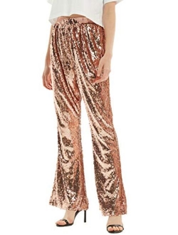 Anna-Kaci Women's Elastic Waist Sparkly Sequin 70's Disco Flare Wide Leg Pants