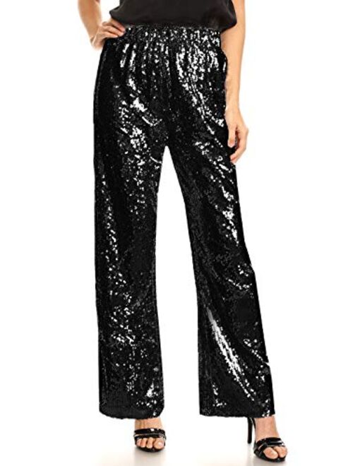 Anna Kaci Anna-Kaci Women's Elastic Waist Sparkly Sequin 70's Disco Flare Wide Leg Pants