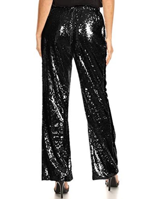 Anna Kaci Anna-Kaci Women's Elastic Waist Sparkly Sequin 70's Disco Flare Wide Leg Pants