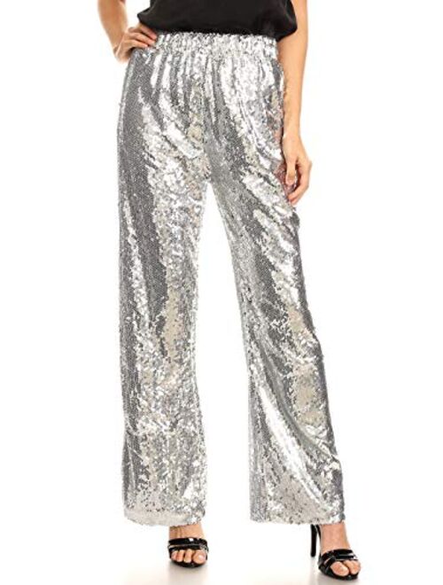 Anna Kaci Anna-Kaci Women's Elastic Waist Sparkly Sequin 70's Disco Flare Wide Leg Pants