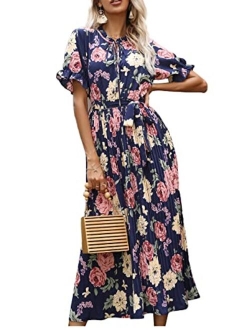 Anna-Kaci Womens Short Ruffle Sleeve Crew Neck Floral Dress Loose Flowy Boho High Waist Long Maxi Dresses