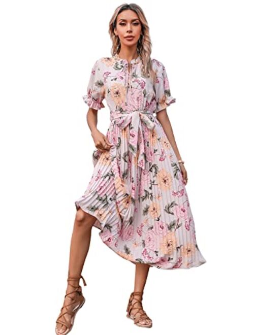 Anna Kaci Anna-Kaci Women’s Short Ruffle Sleeve Crew Neck Floral Dress Loose Flowy Boho High Waist Long Maxi Dresses