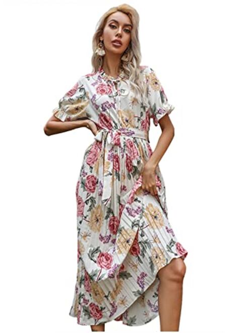 Anna Kaci Anna-Kaci Women’s Short Ruffle Sleeve Crew Neck Floral Dress Loose Flowy Boho High Waist Long Maxi Dresses