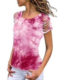 Anna-Kaci Womens Tie Dye Printed Ripped Cut Out Short Sleeve Stretch Casual Tops T-Shirts